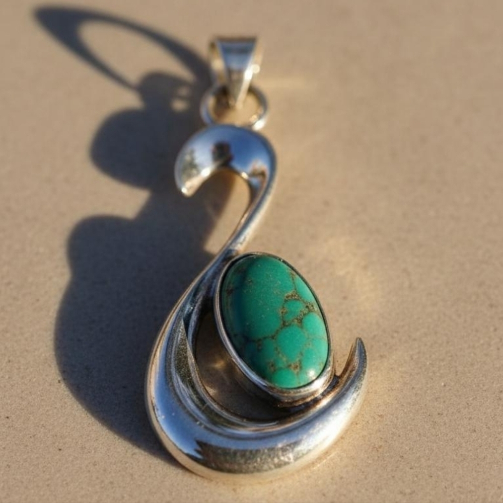 Vintage Sterling Silver Sculptural Turquoise Cresent Pendant